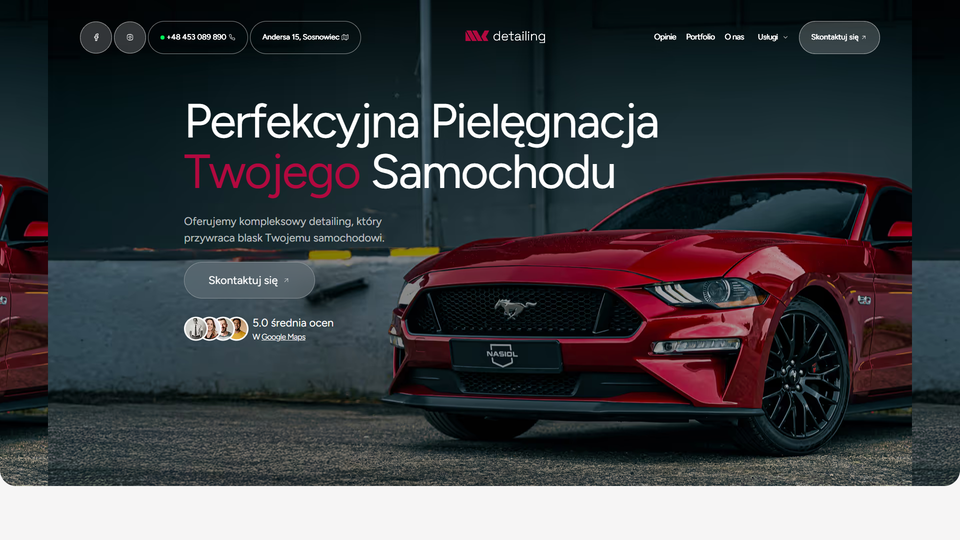 A sleek red Ford Mustang is prominently displayed on a car detailing website's homepage featuring Polish text and a dark, professional design.