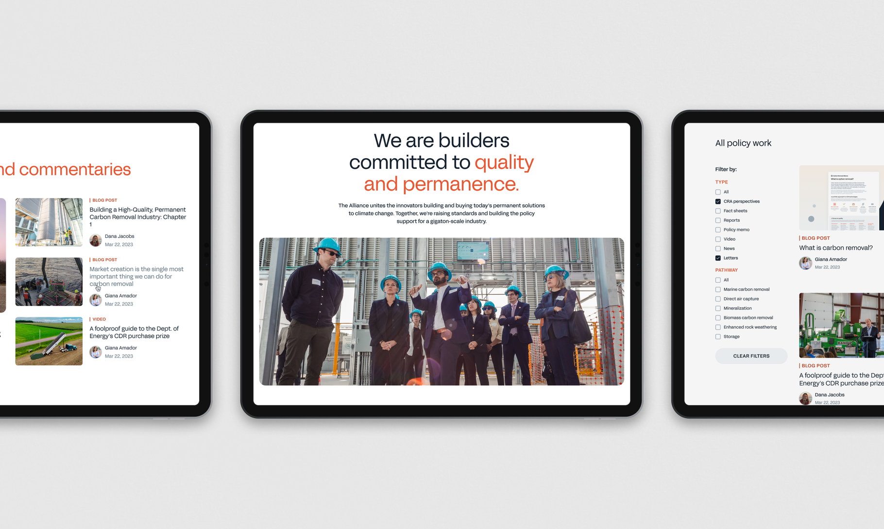 Three tablet screens display a construction or building company's website featuring policy work, builder profiles, and commentary sections with a prominent message about quality and permanence.