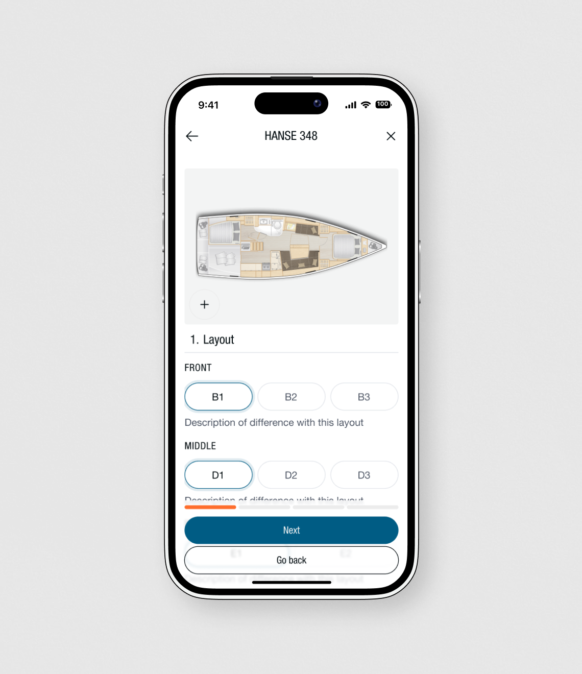 A mobile app interface displays a yacht floor plan layout selector for the Hanse 348 model, showing configuration options for both front and middle sections.