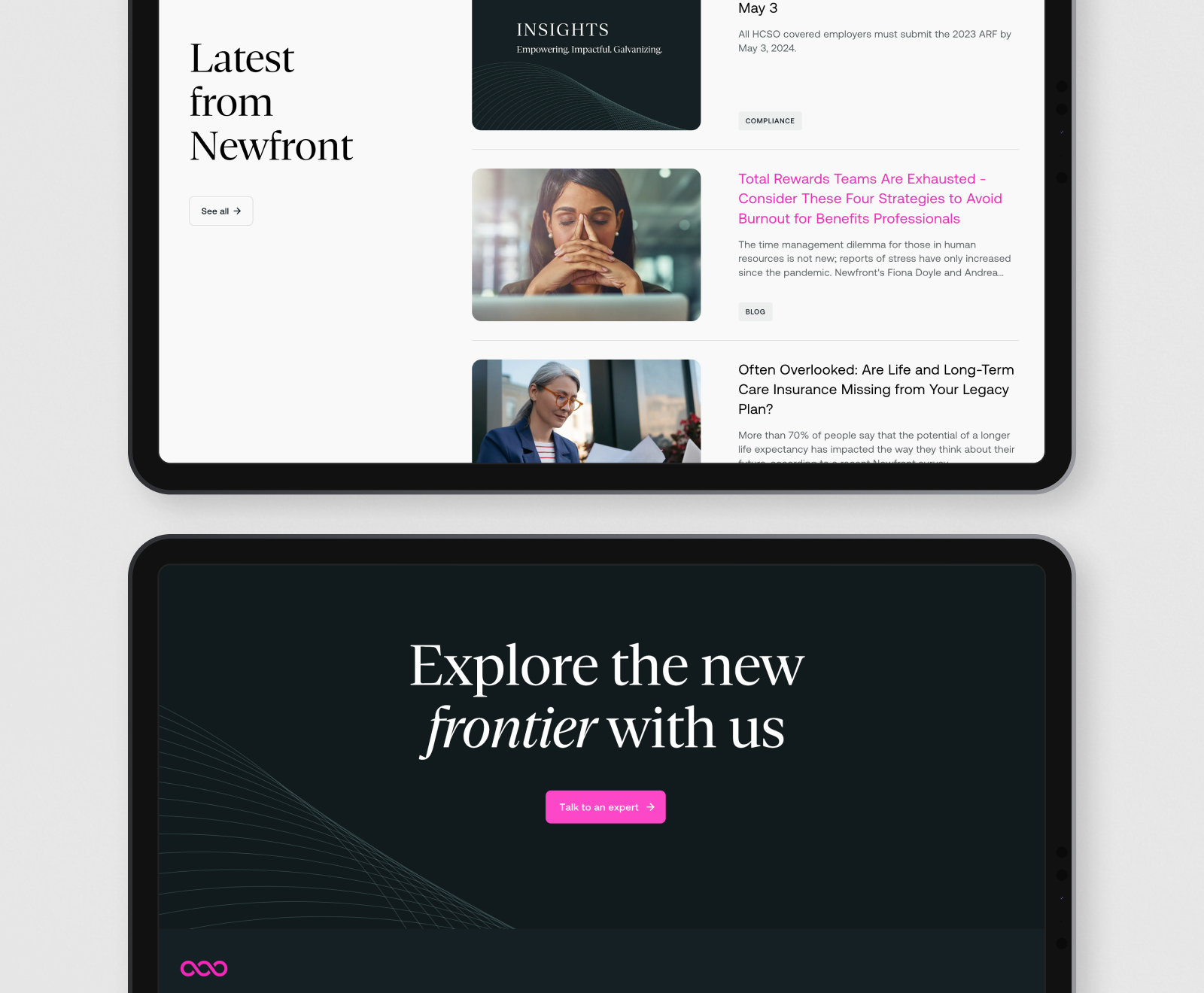 A modern website interface displays news articles and blog posts under "Latest from Newfront" with a dark-themed footer inviting visitors to "Explore the new frontier."