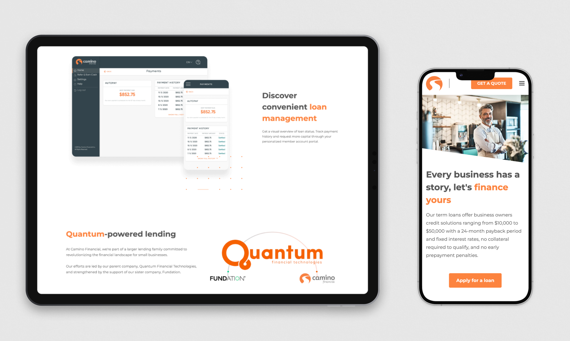 A digital interface showcasing Quantum-powered lending platform across tablet and mobile devices, featuring loan management tools and business financing options.