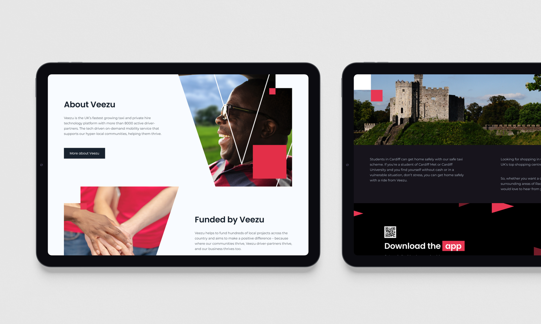 Two tablet screens display a modern website design for Veezu, featuring sections about the company, funding information, and a castle image with a download app prompt.