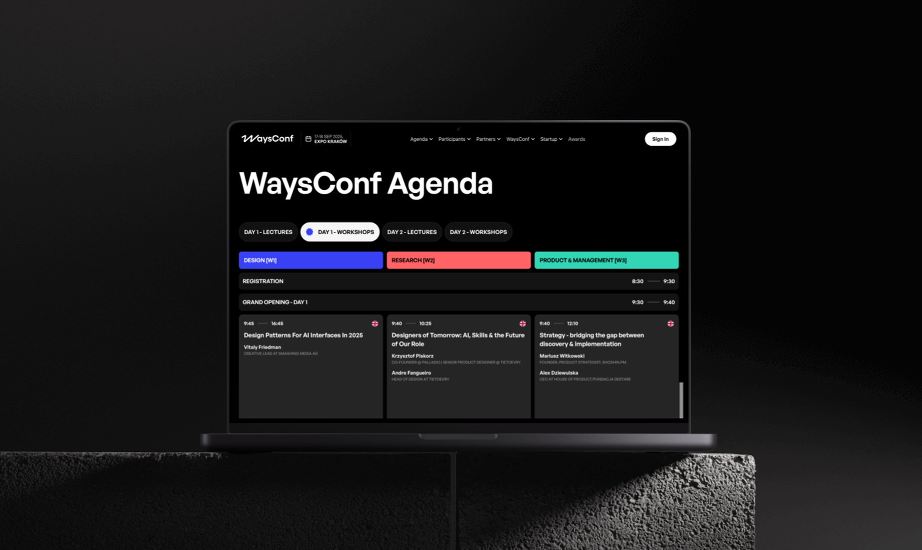 A laptop displays the dark-themed agenda interface for WaysConf, showing different conference sessions organized by color-coded tracks and time slots.