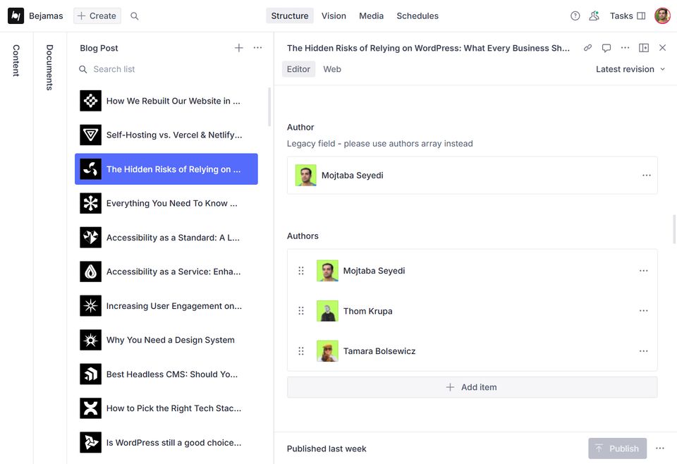 A content management interface shows a blog post editor with a sidebar listing various articles about web development, with "The Hidden Risks of Relying on WordPress" selected as the active post.