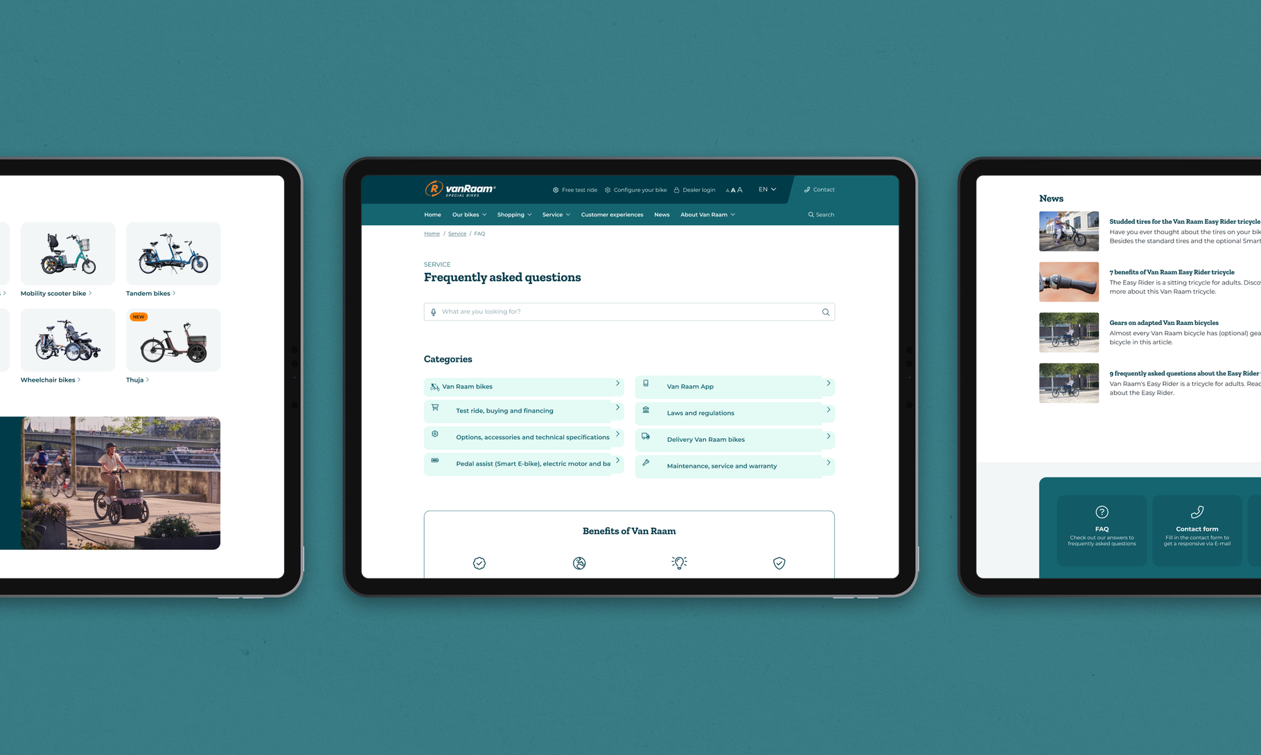 Three tablet screens display a website interface featuring electric bike options, FAQ categories, and news articles against a teal background.