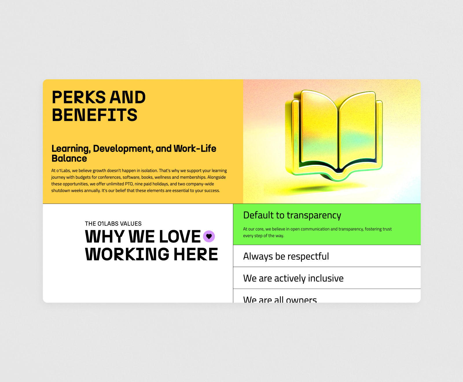 A company benefits page highlights learning and development opportunities, work-life balance, and core values including transparency, respect, inclusivity, and shared ownership.