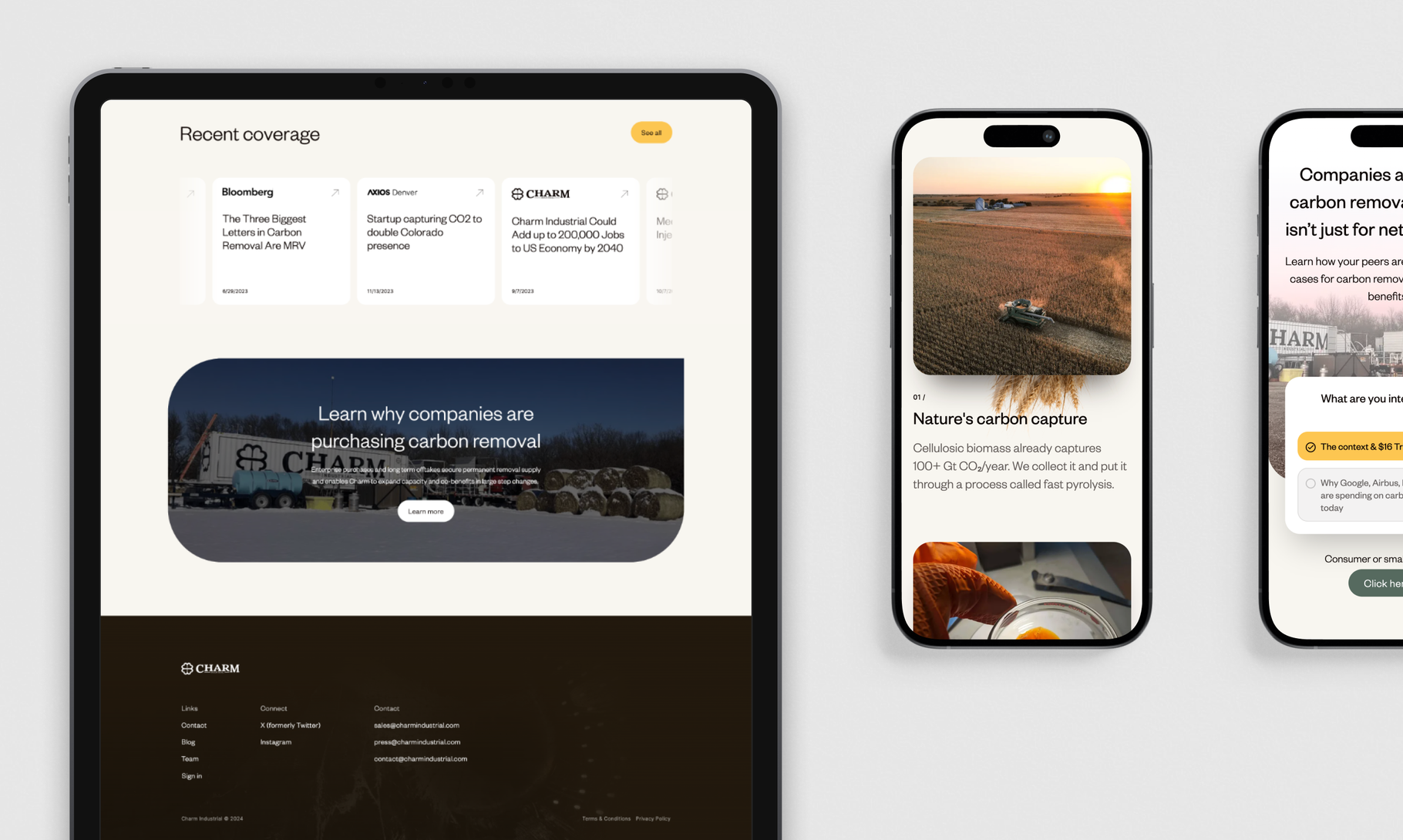 A responsive web design mockup shows a carbon removal company's website displayed across tablet and mobile devices, featuring news coverage and agricultural imagery.