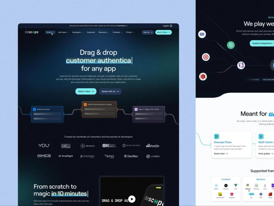 Descope landing page showcases drag-and-drop customer authentication features with connected workflow modules and partner company logos at the bottom.