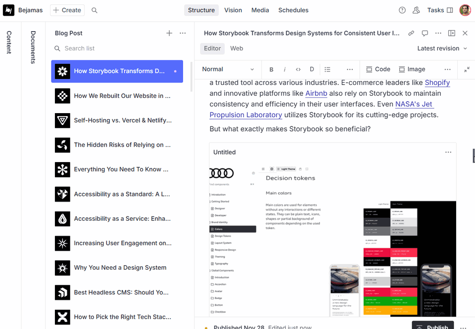A blog post editor interface shows a document about Storybook's design system transformation, with a navigation sidebar listing multiple blog entries and a main content area displaying text and design token examples.