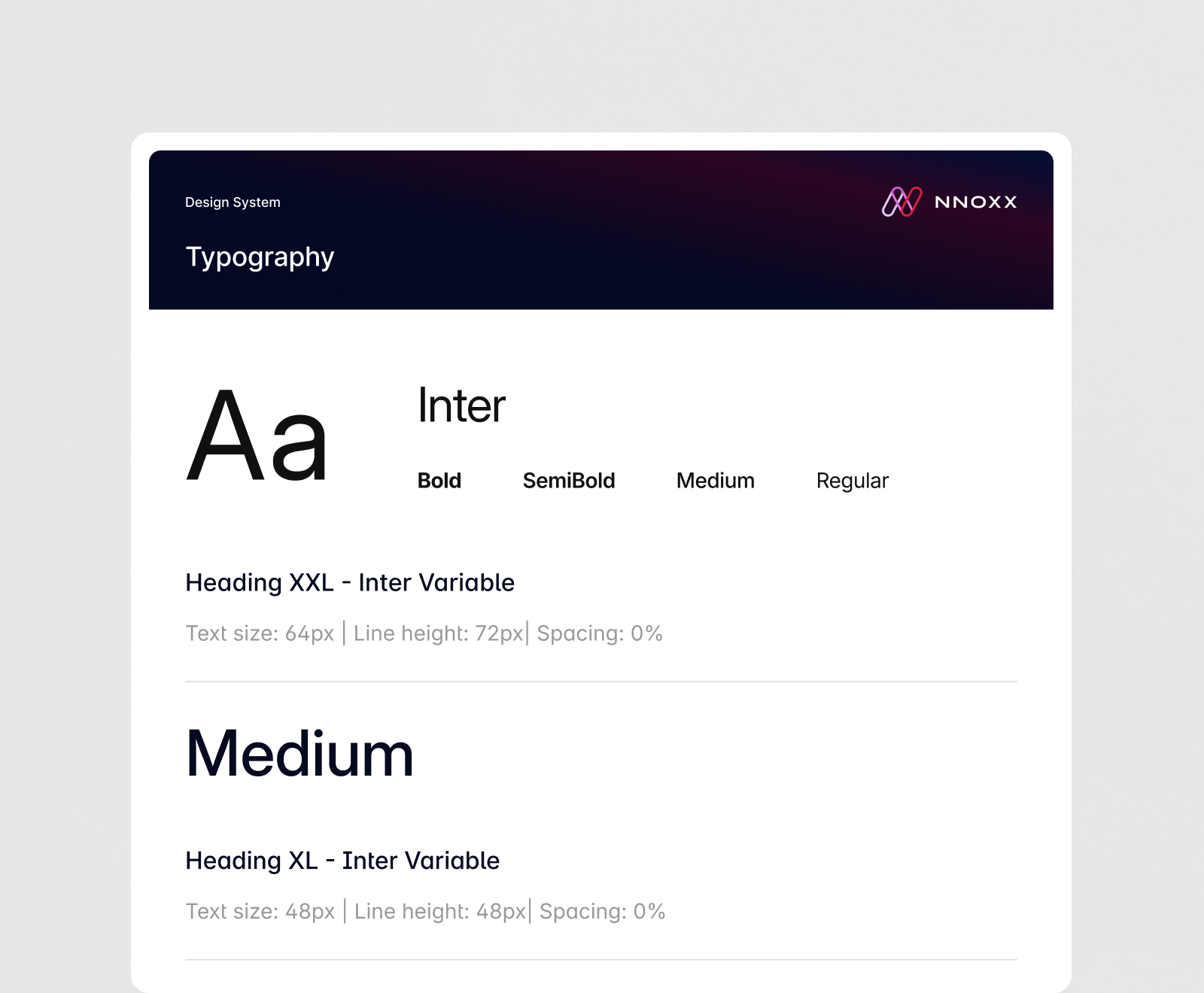 A typography style guide showing the Inter font family with different weights and specifications for heading sizes.