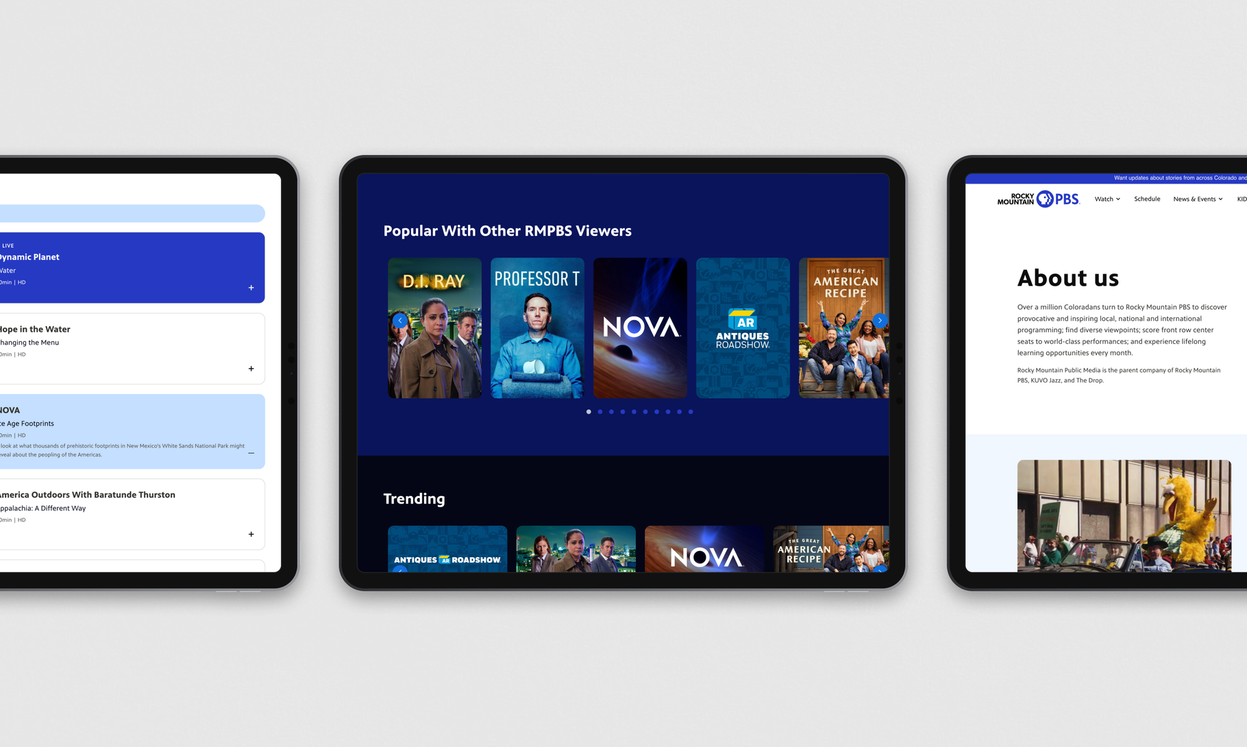 Three tablet screens display different sections of a streaming service interface, showing popular programs, trending content, and an "About Us" page.