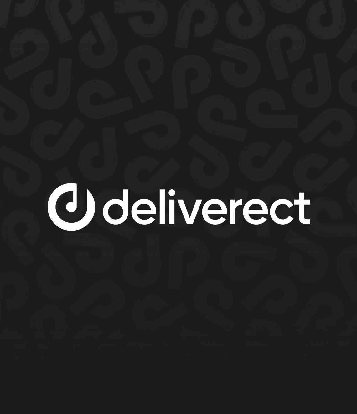 The Deliverect logo in white appears on a dark background featuring a subtle pattern of musical note symbols.