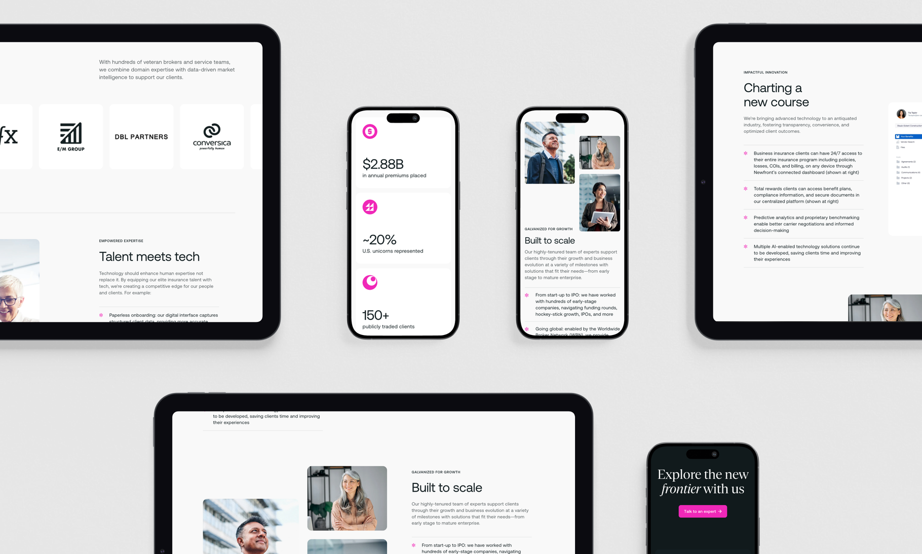 A collection of digital devices displaying a modern business website or app interface with statistics, text content, and various screens showing "$2.88B" and "150+" metrics.