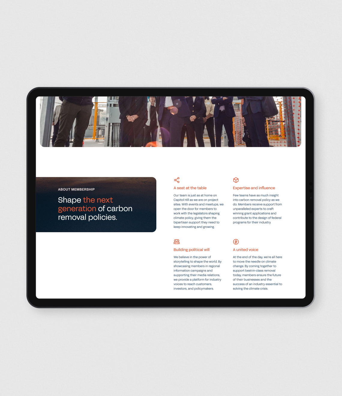 A tablet displays a membership page about shaping carbon removal policies, featuring four key sections on expertise, political will, industry voice, and collaborative climate action.