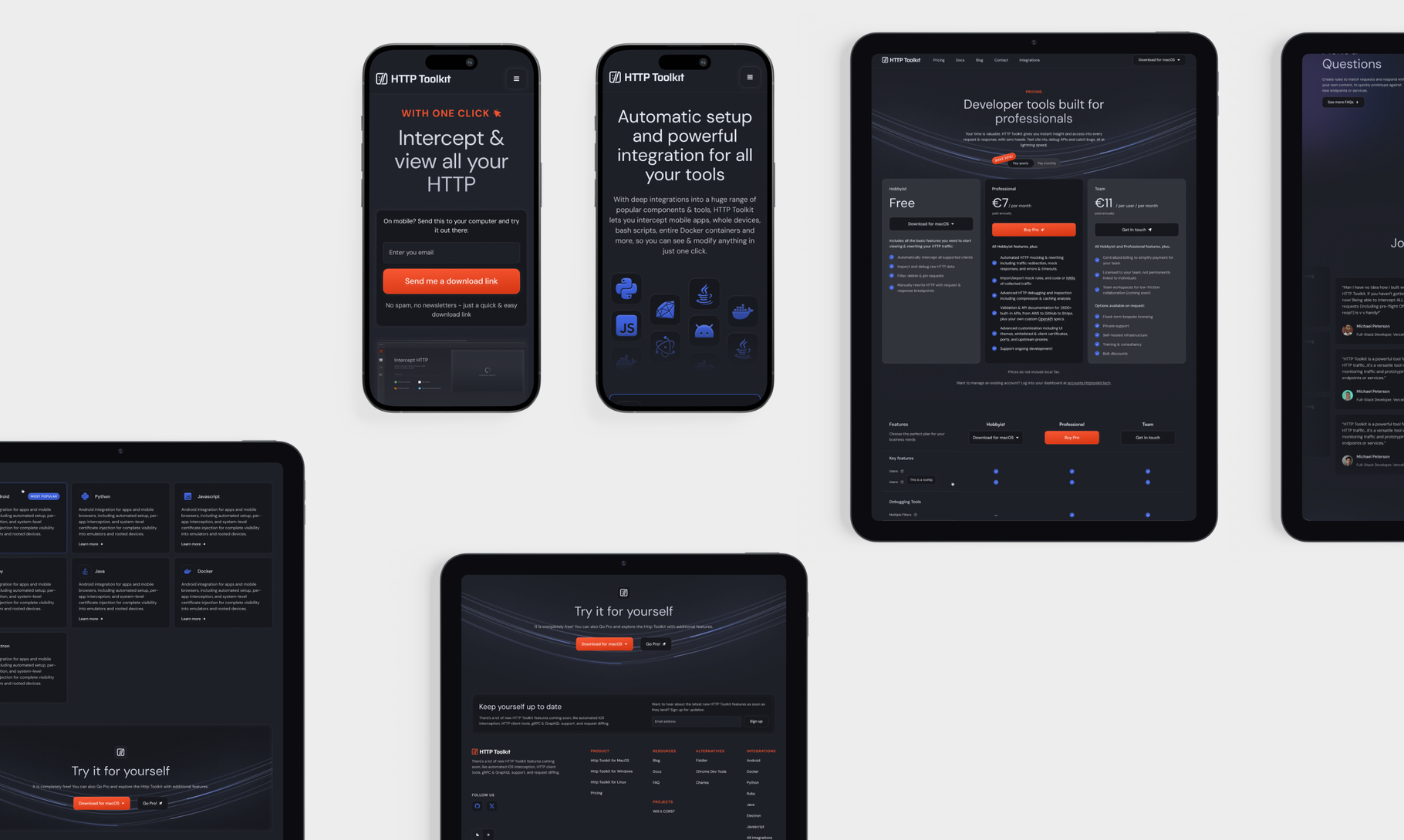 A collection of dark-themed user interface screens showing an HTTP toolkit application across multiple devices including phones, tablets, and monitors.