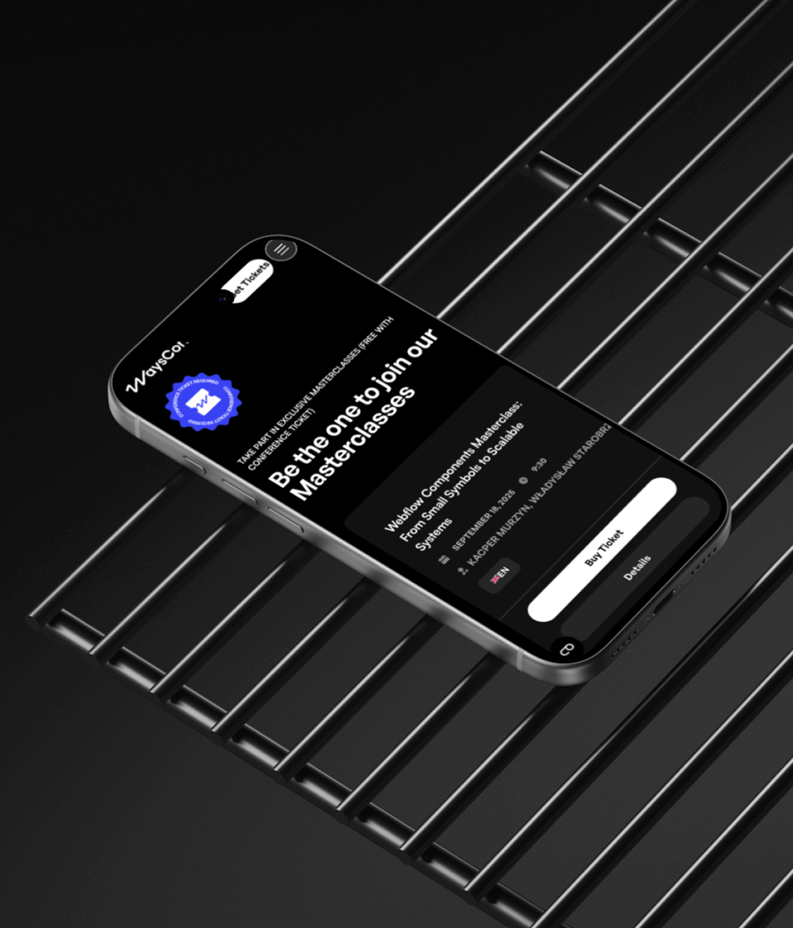 A sleek iPhone displaying a dark-themed app interface rests on a series of parallel black bars in a minimalist composition.