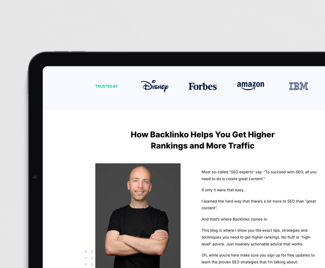 A website landing page displays logos of major companies like Disney, Forbes, Amazon and IBM above content about Backlinko's SEO and traffic-building strategies.