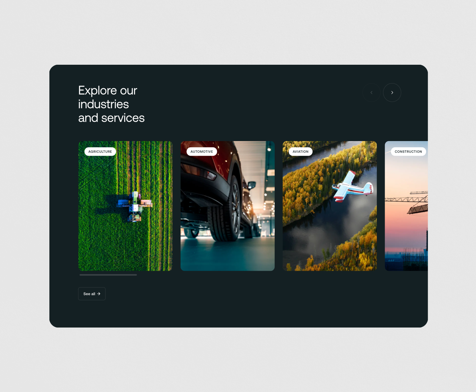 A website interface displays four industry categories - agriculture, automotive, aviation, and construction - with representative images including a tractor in fields, car undercarriage, small aircraft over forests, and construction cranes at sunset.