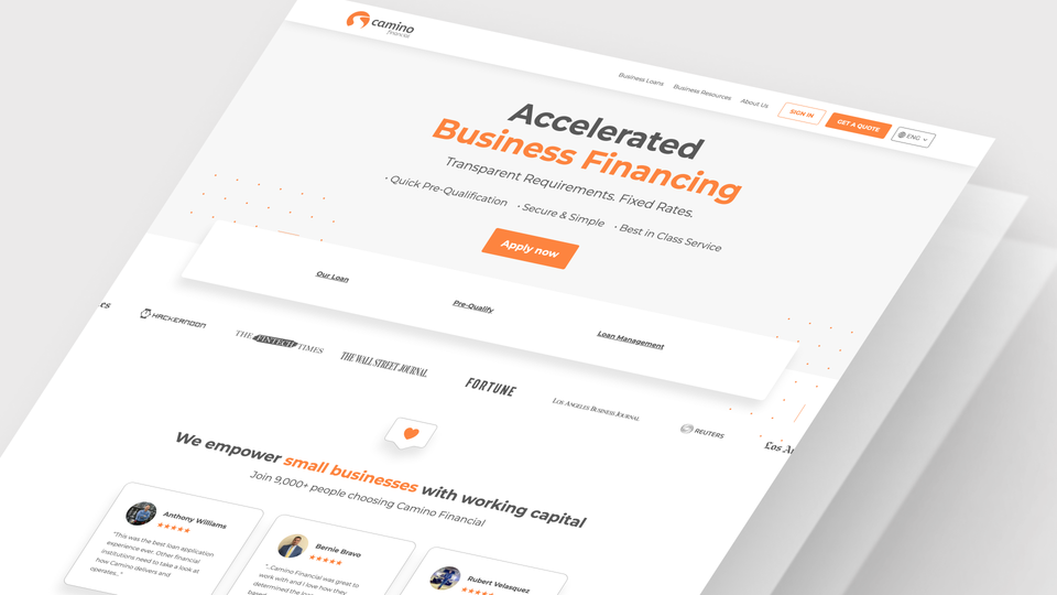 A clean, minimalist website design showcases "Accelerated Business Financing" with orange accents and client testimonials at the bottom.