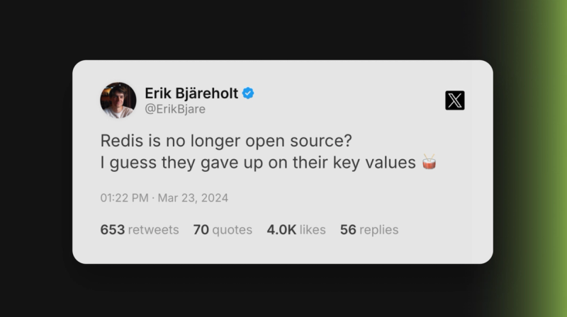 A tweet makes a programming pun about Redis no longer being open source, playing on the term "key values" which refers to both database concepts and ethical principles.