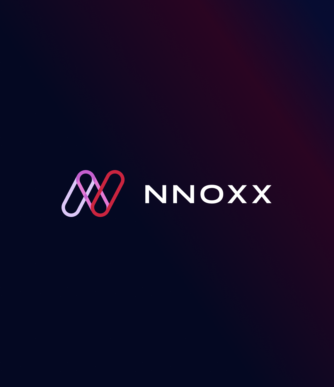 A modern logo design featuring interlocking pink and red curved lines forming an "N" shape alongside the text "NNOXX" on a dark gradient background.