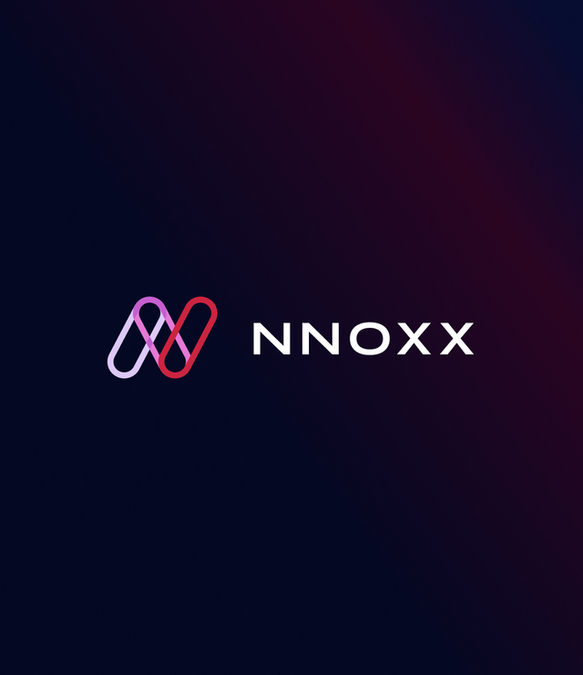A modern logo design featuring interlocking pink and red curved lines forming an "N" shape alongside the text "NNOXX" on a dark gradient background.