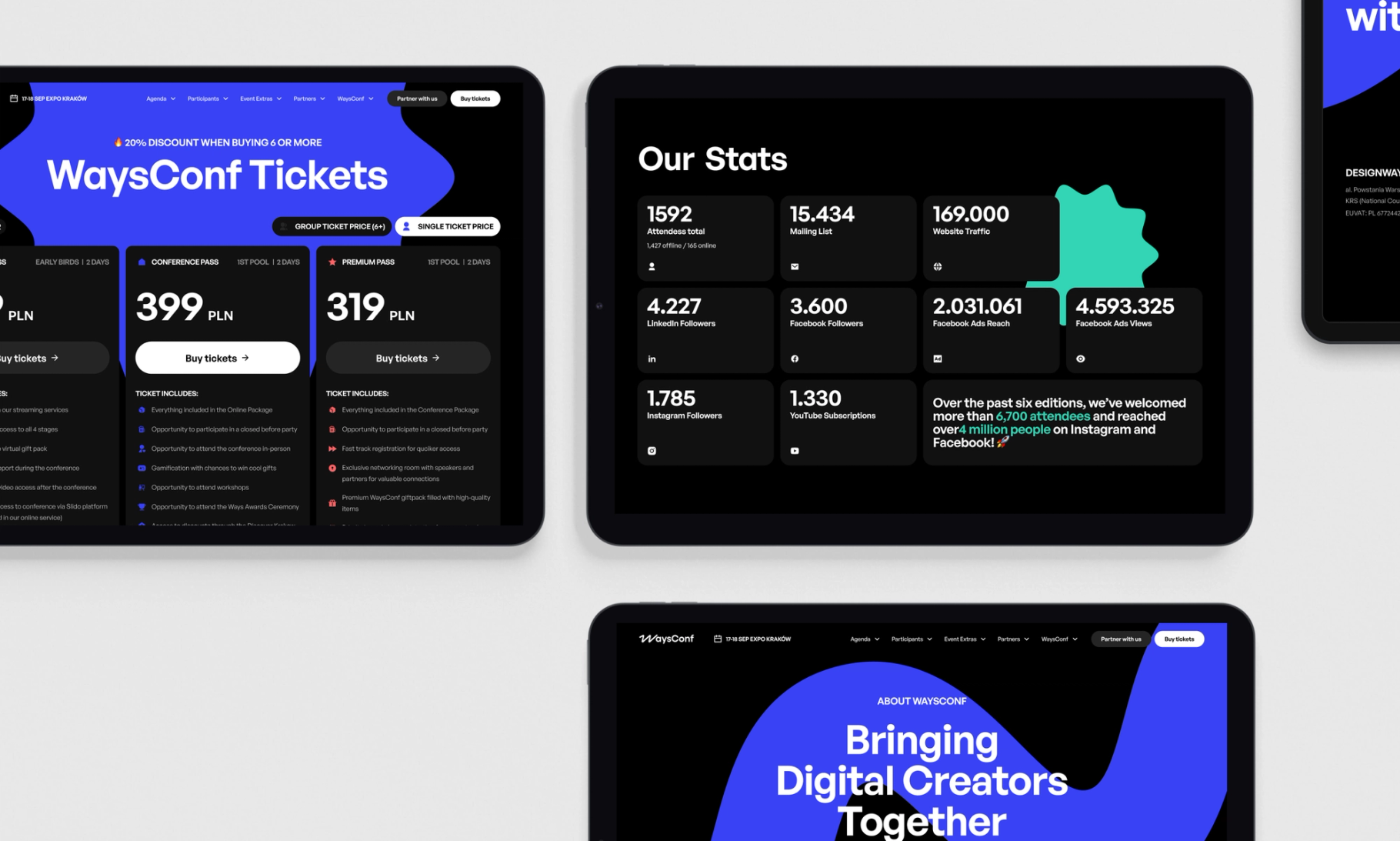 A modern dark-themed website interface displays ticket pricing options, statistical data, and a landing page for a digital creators' conference called WaysConf.