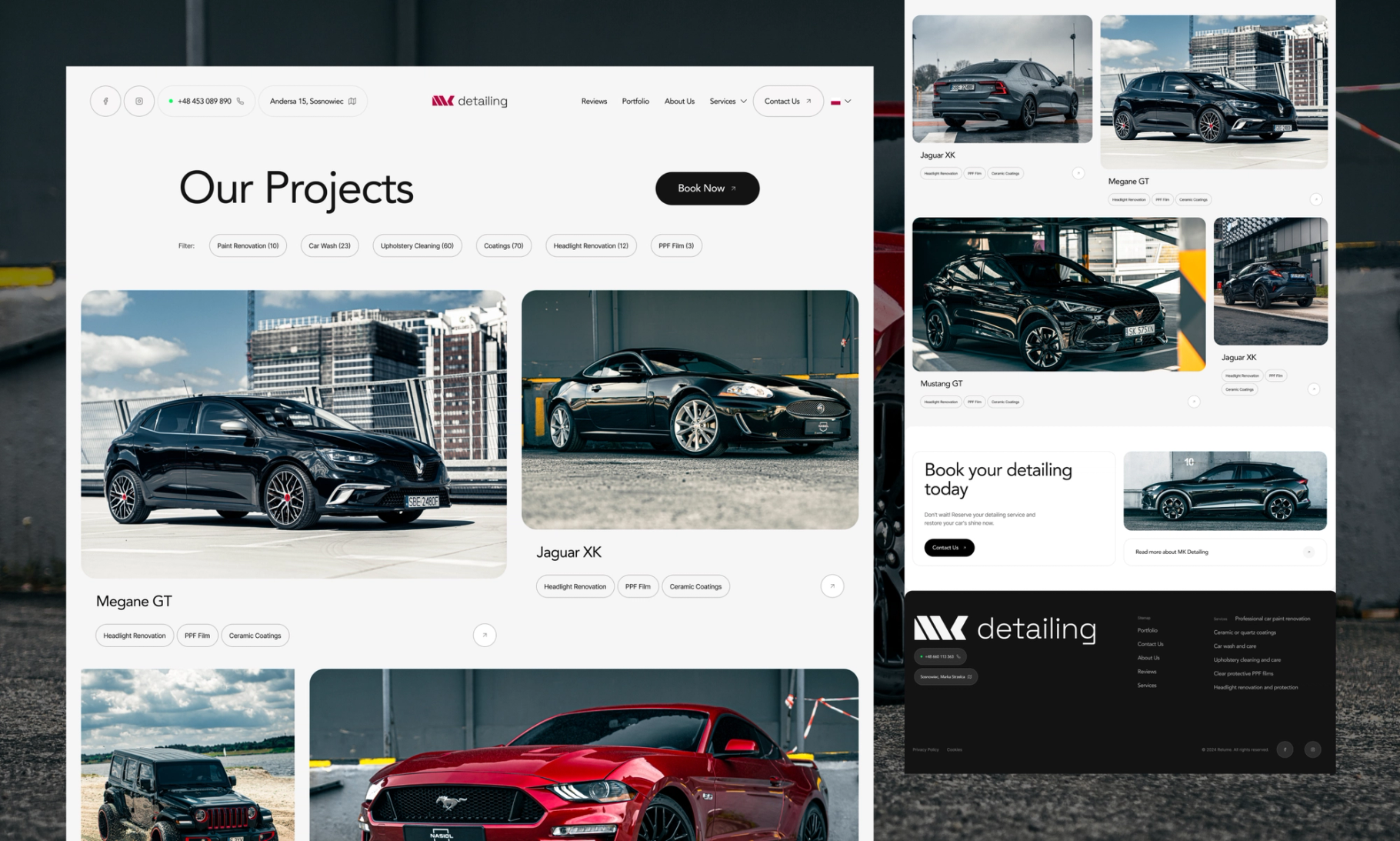 A modern website portfolio showcases luxury car detailing services with professional photographs of high-end vehicles including a Renault Megane GT, Jaguar XK, and Ford Mustang.