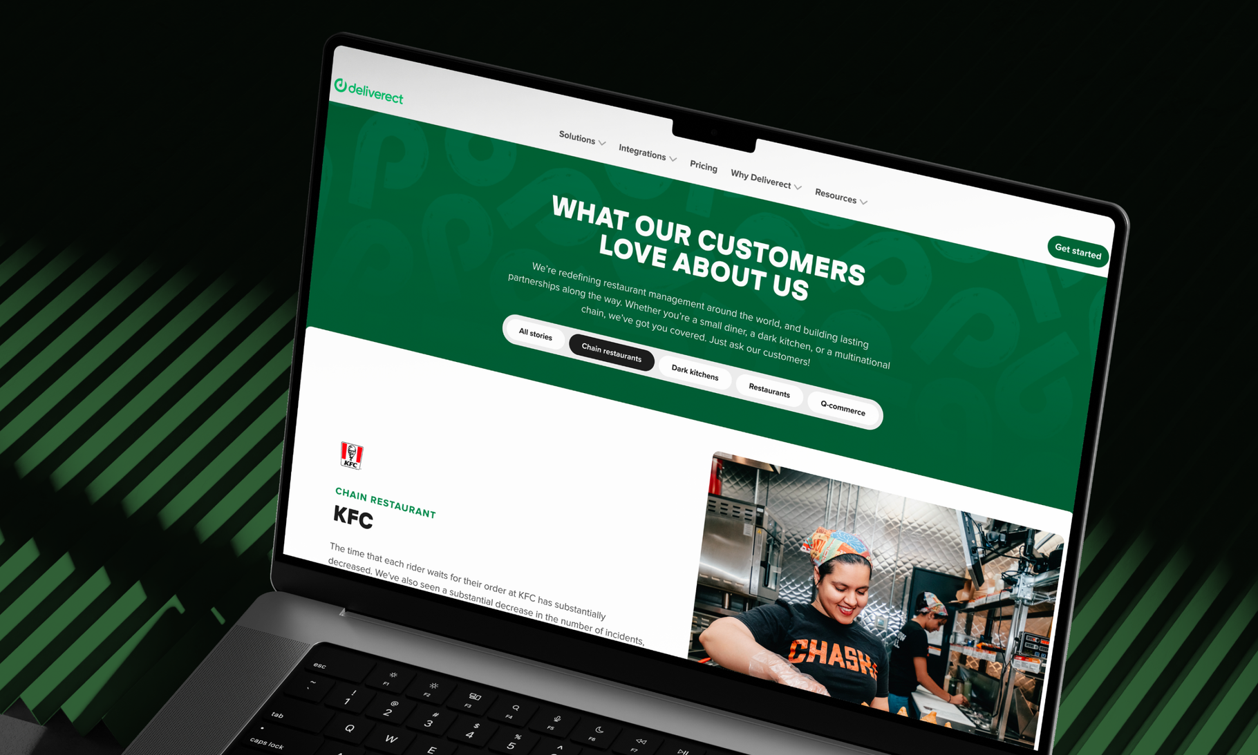 A laptop displays a customer testimonial webpage with a green header, featuring KFC's logo and a restaurant worker in action.