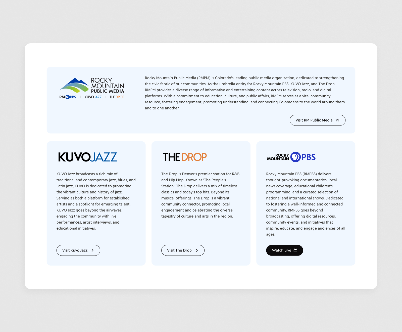 A webpage showcases three media channels under the Rocky Mountain Public Media umbrella: KUVO Jazz, The Drop, and Rocky Mountain PBS, each with their own description and call-to-action button.