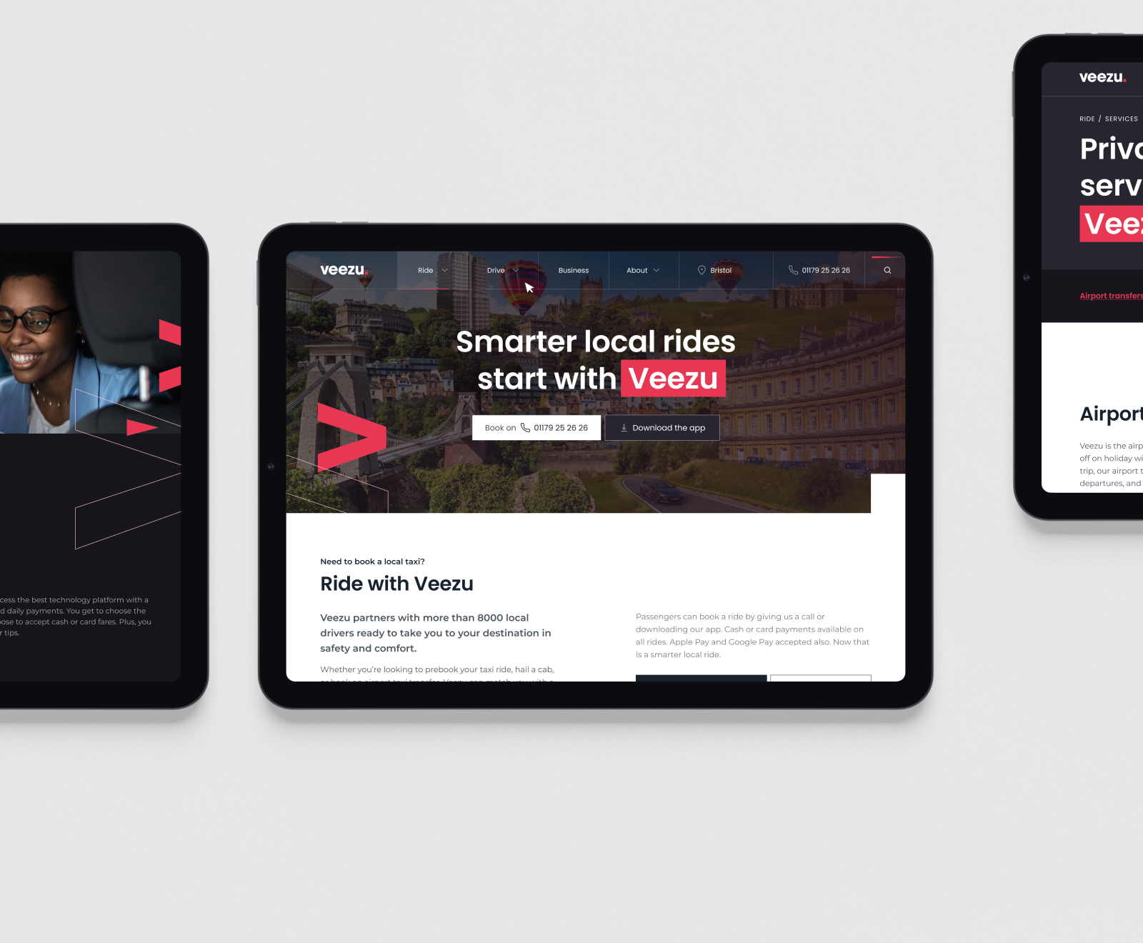 A responsive web design mockup shows the Veezu ride-sharing service displayed across multiple devices, featuring their "Smarter local rides" tagline and booking interface.