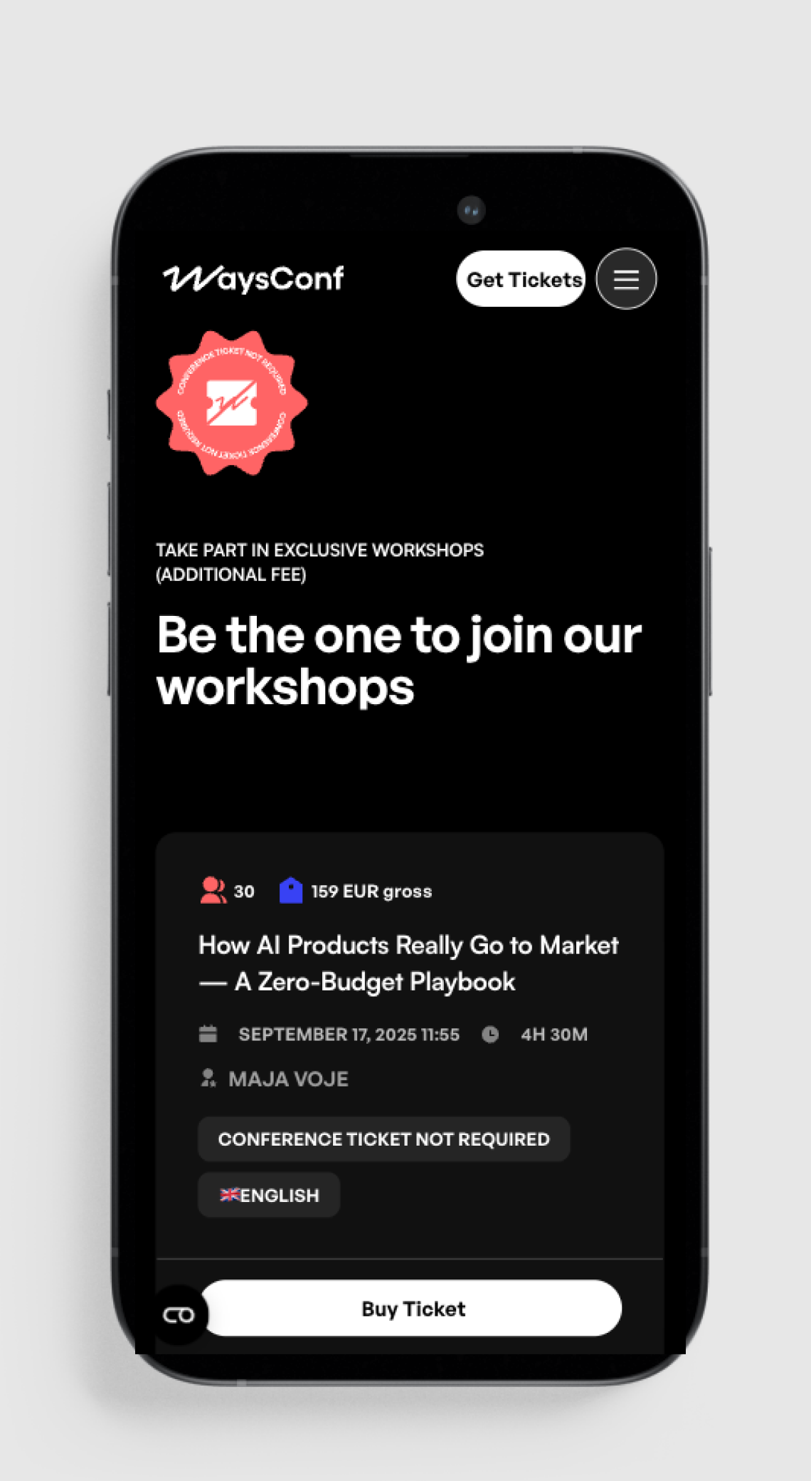 A mobile app interface displays details for a WaysConf workshop about AI product marketing, priced at 159 EUR with a 4.5-hour duration on September 17, 2025.