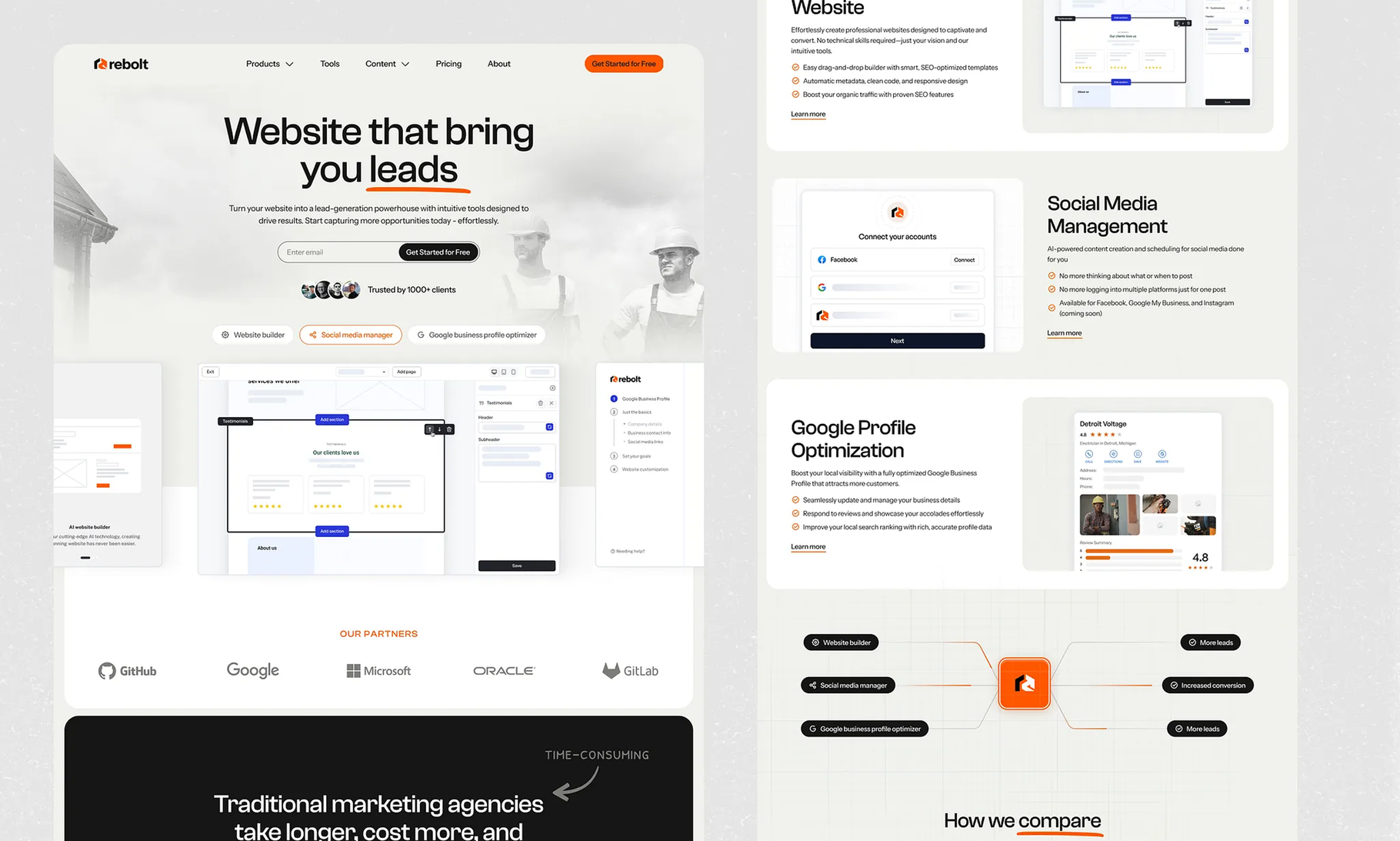 A modern website landing page showcases various marketing services including lead generation, social media management, and Google profile optimization with a clean, minimalist design.