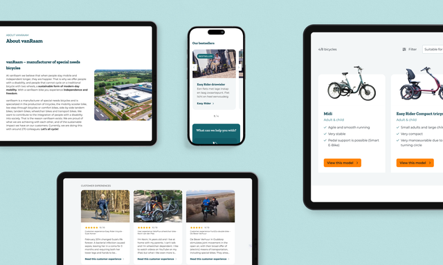 A responsive web design mockup displays various device views of an e-commerce site selling specialized bicycles, featuring product details and customer reviews across desktop, tablet, and mobile screens.