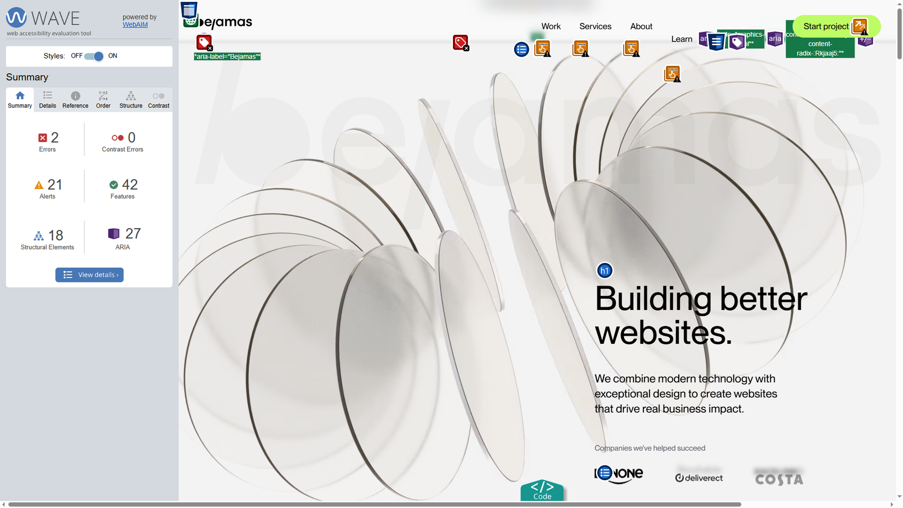 A website accessibility evaluation interface displays metrics and analysis tools alongside a minimalist design featuring curved white shapes and the tagline "Building better websites."