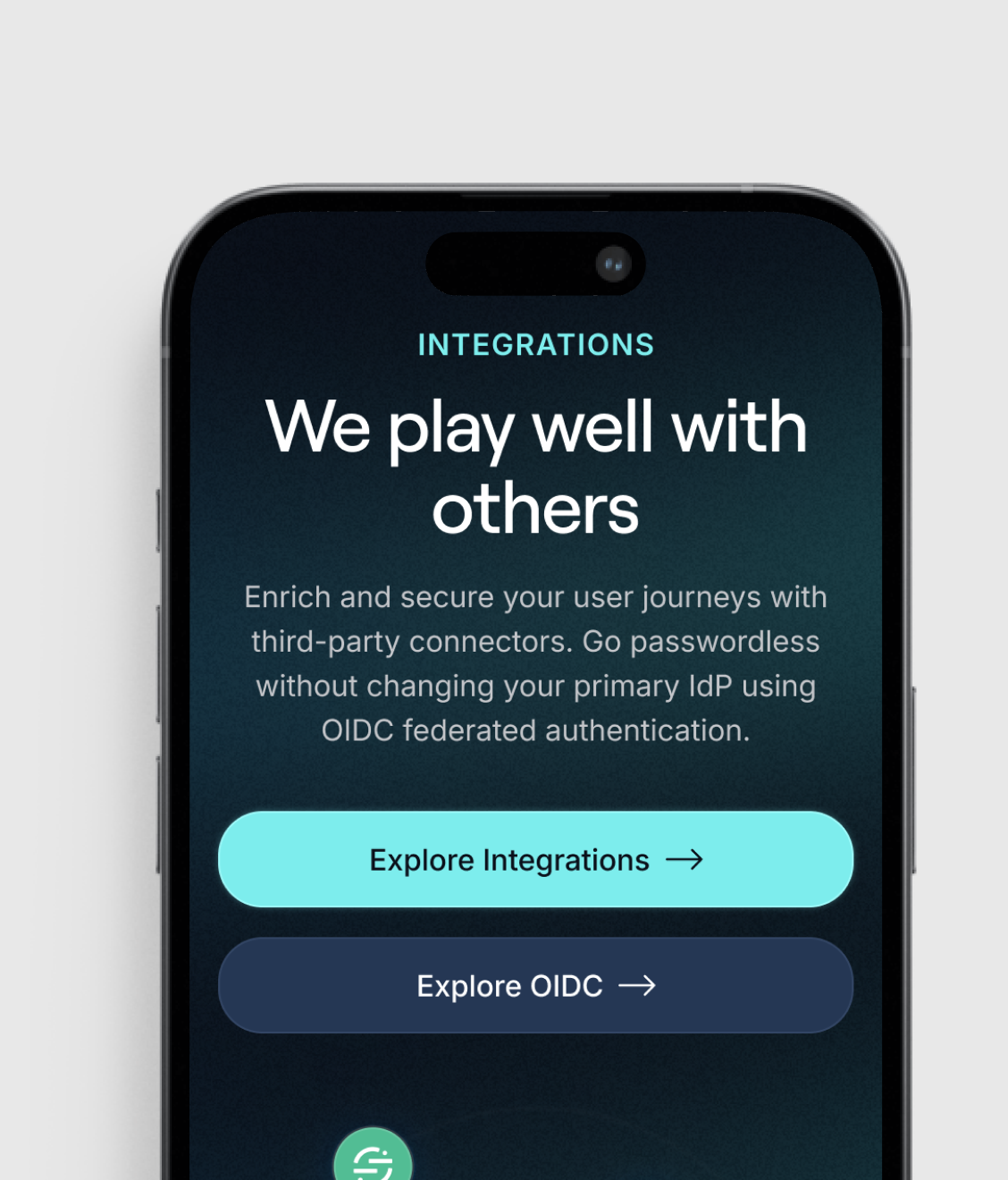A mobile app interface showcases integration features with a dark theme, highlighting passwordless authentication and third-party connectivity options through two prominent action buttons.