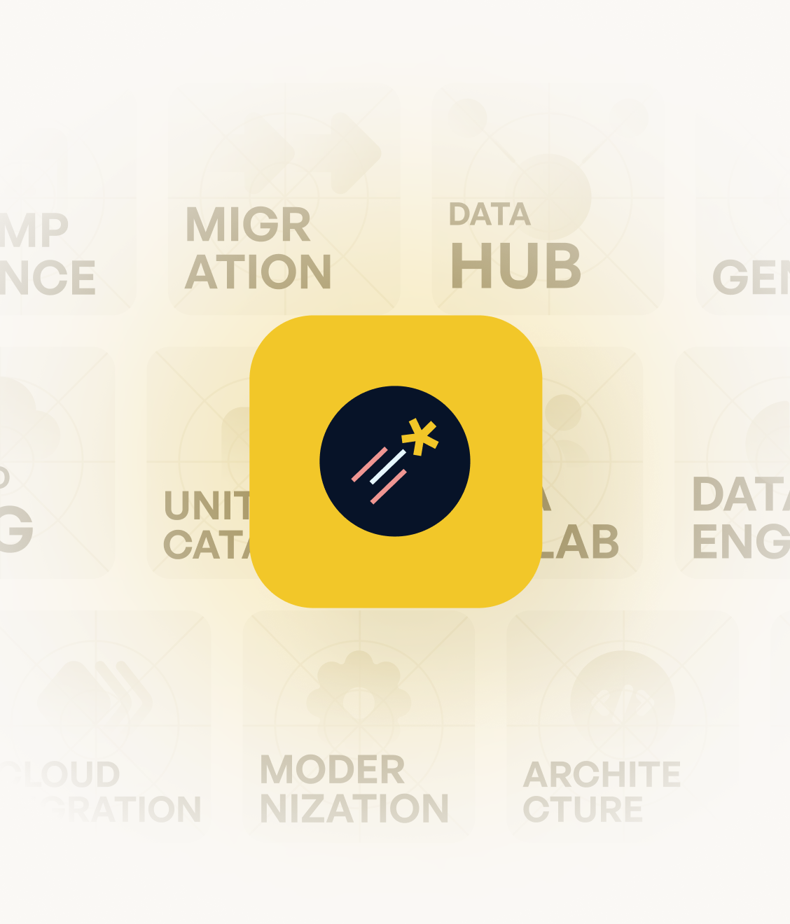 A yellow square app icon features a minimalist design with a black circular background containing intersecting red and white lines and a yellow asterisk symbol.