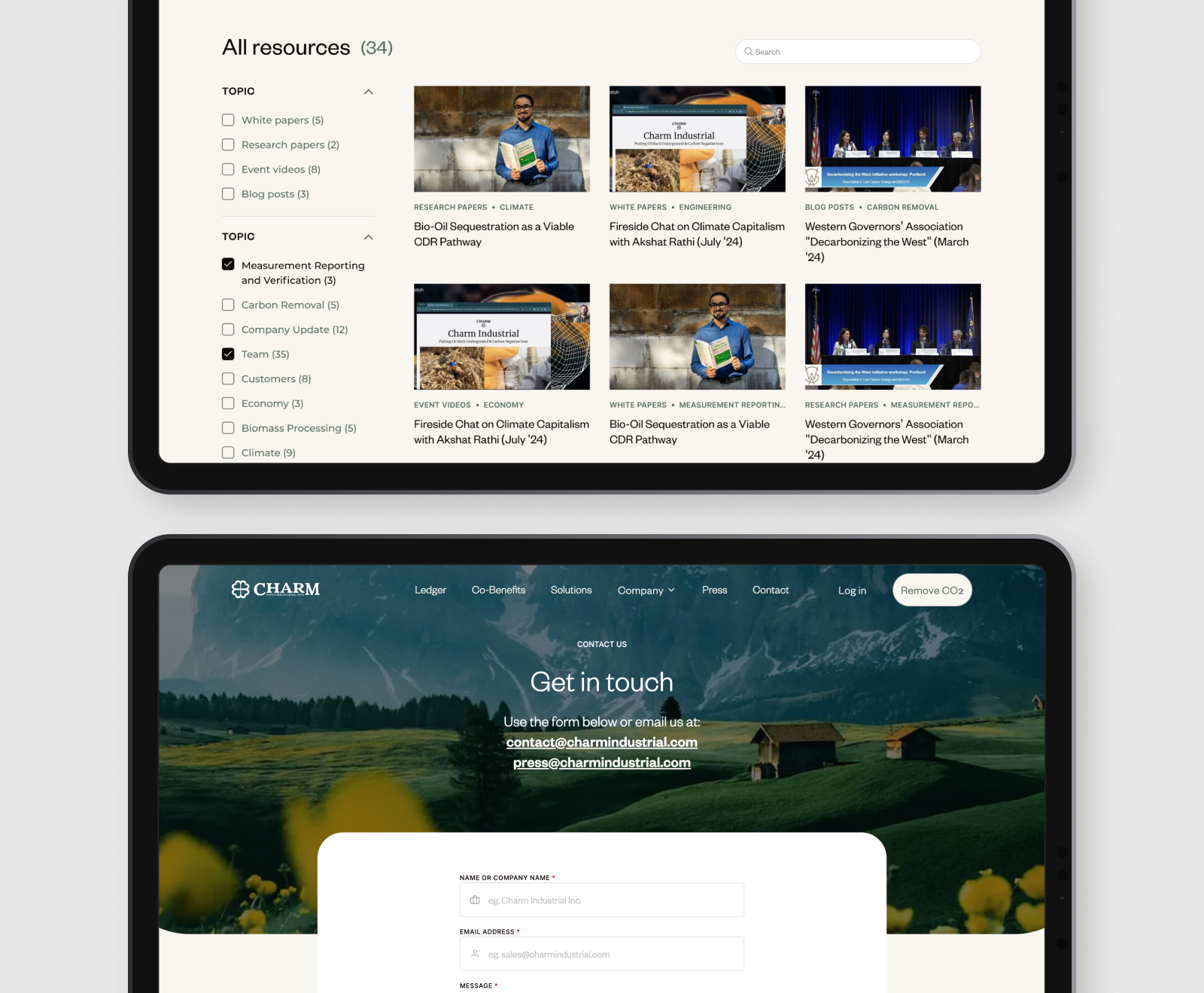 A website interface displays a resources section with filtered content categories and a contact form overlaid on a scenic mountain landscape background.