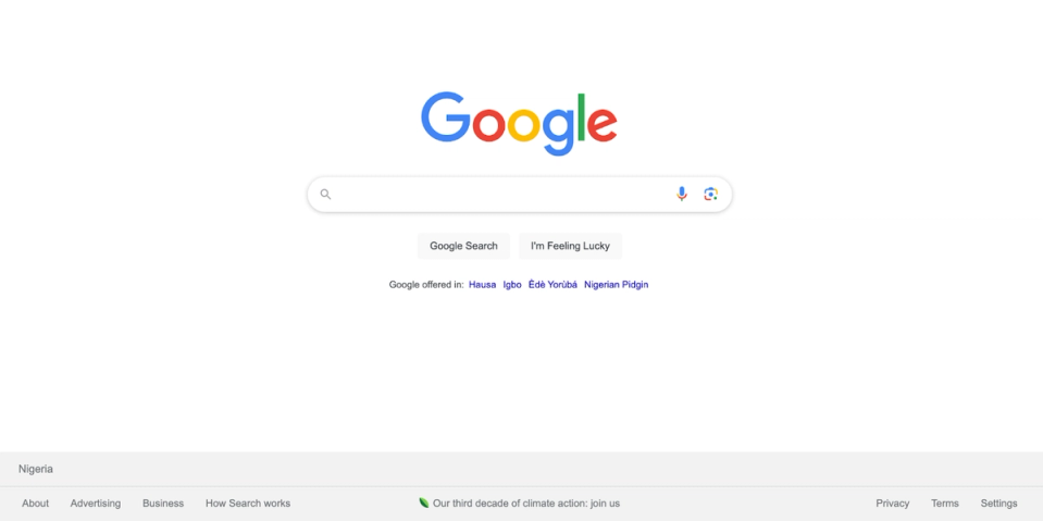 Google web search engine homepage