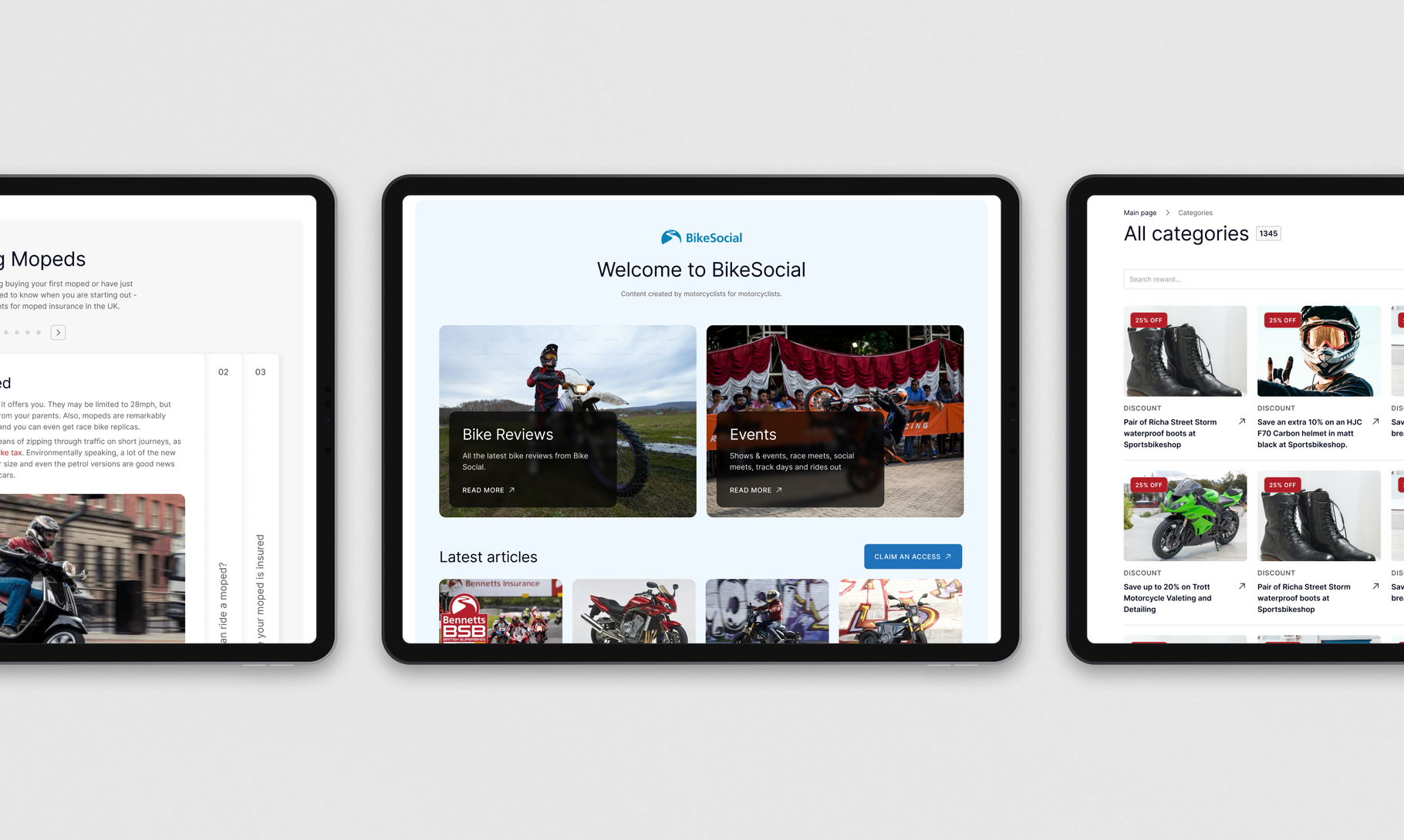 Three tablet screens display different sections of a motorcycle social media platform called BikeSocial, showing reviews, events, and article categories.
