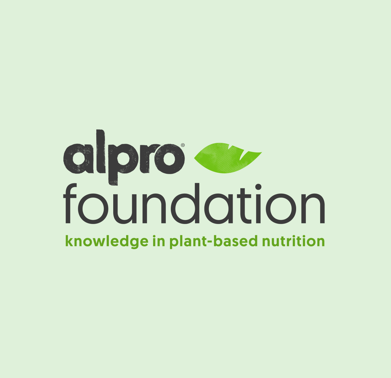 The Alpro Foundation logo features black text with a green leaf accent and tagline about plant-based nutrition on a pale green background.