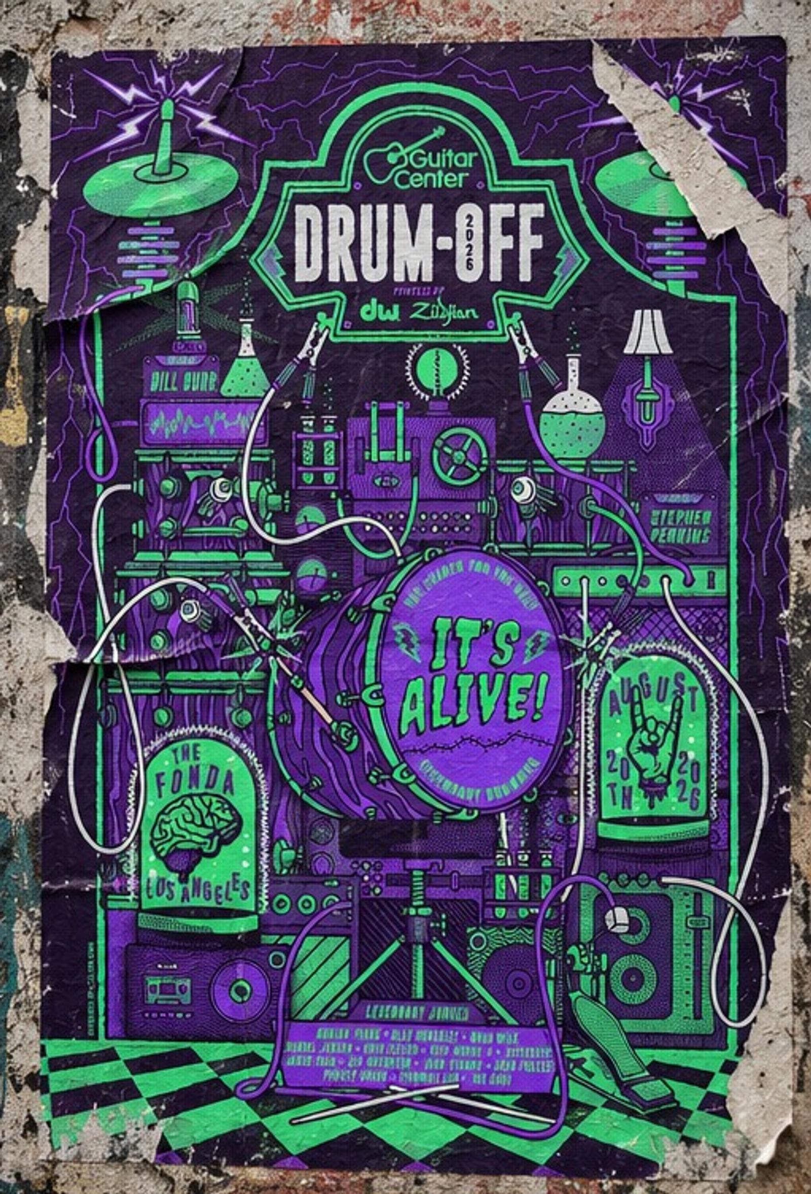 Mockup: a single Drum-Off poster wheatpasted on a wall