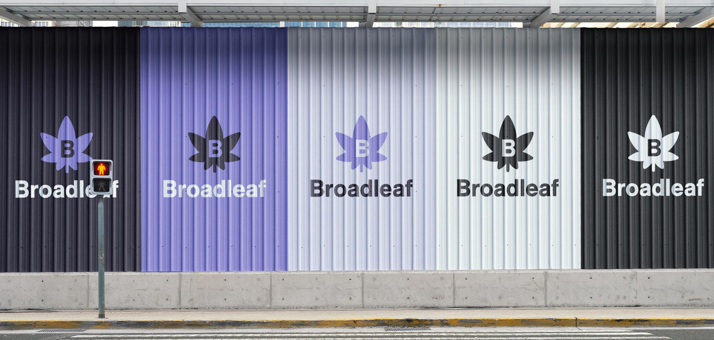 Broadleaf logo repeated across a corrugated mural in the brand colors