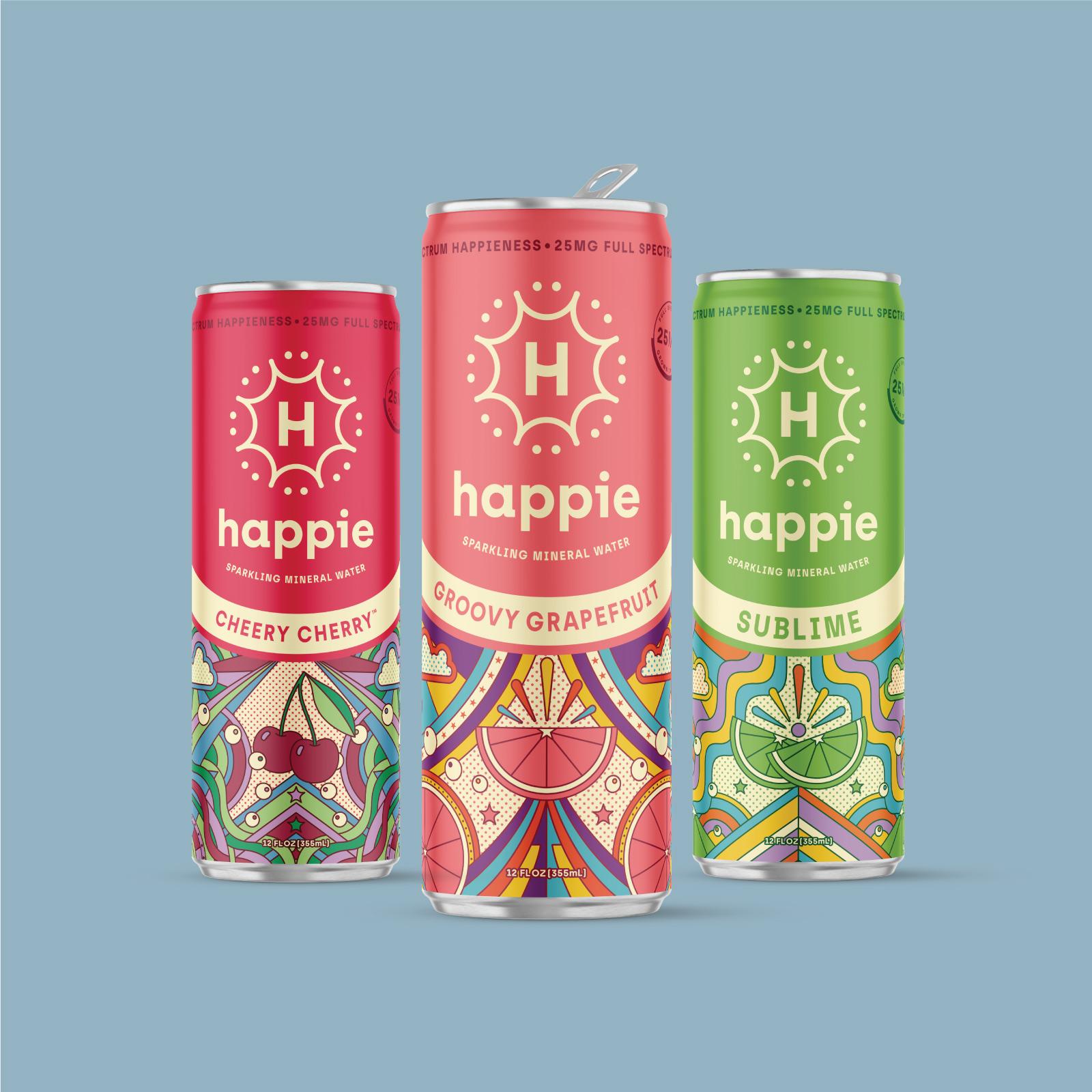 Cheery Cherry, Groovy Grapefruit, and Sublime cans on a blue background