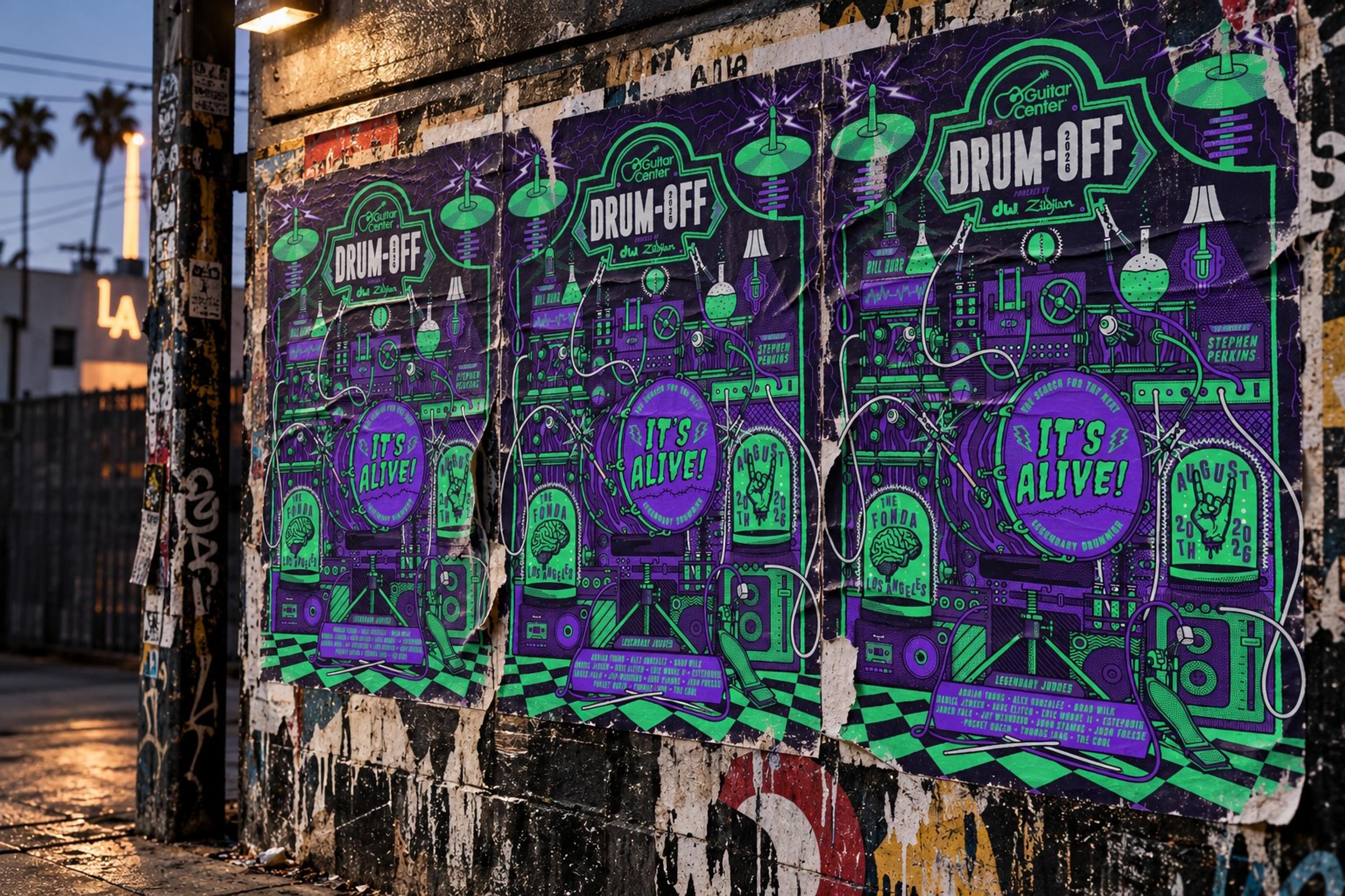 Mockup: three Drum-Off "It's Alive!" posters wheatpasted on a weathered Los Angeles wall at dusk