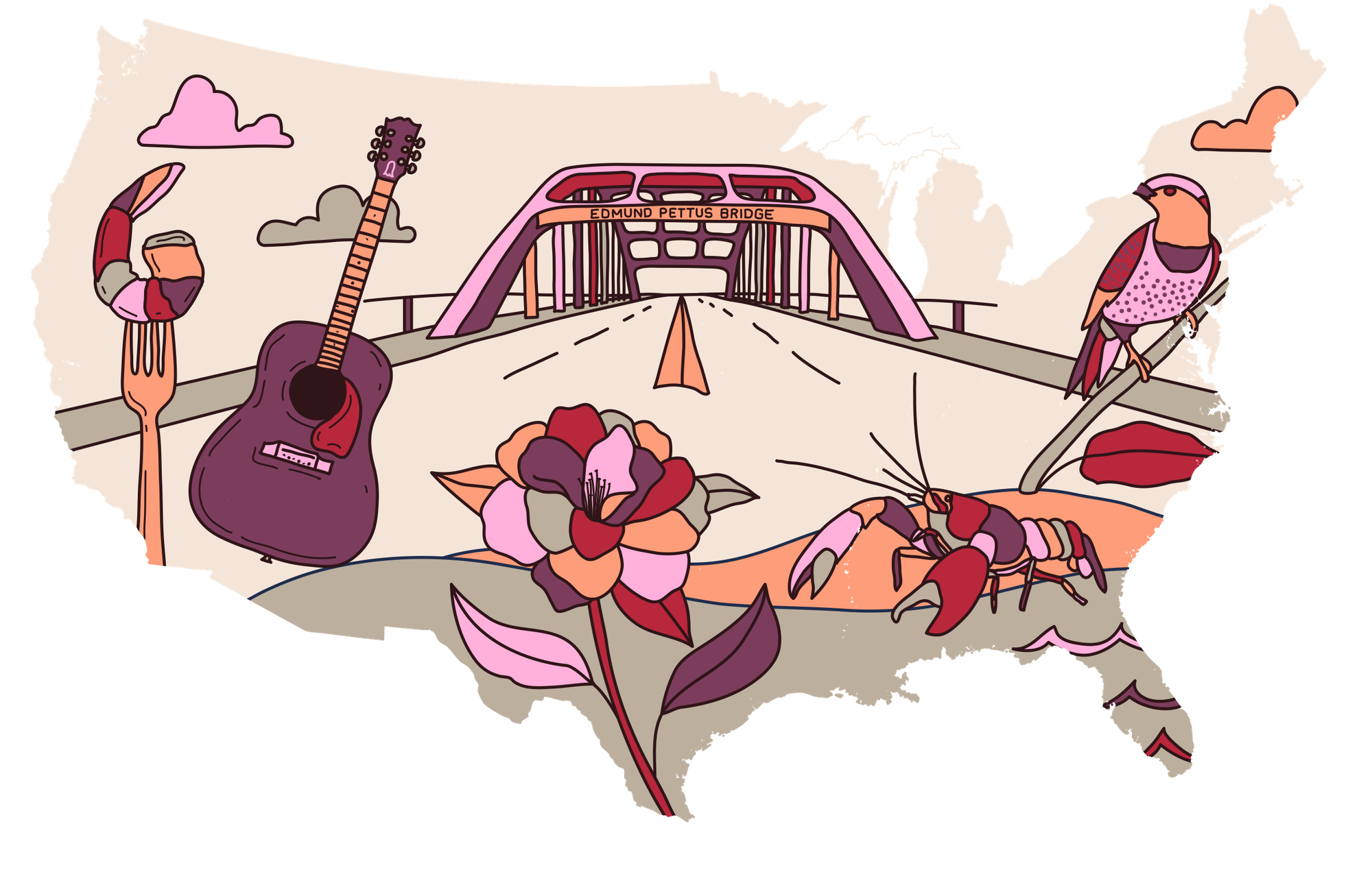 Alabama illustration, drawn inside the outline of the United States