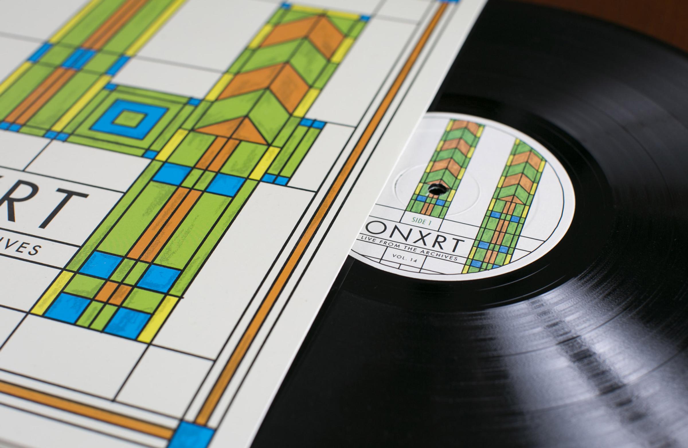 WXRT On XRT vinyl record and sleeve with stained-glass-style geometric artwork