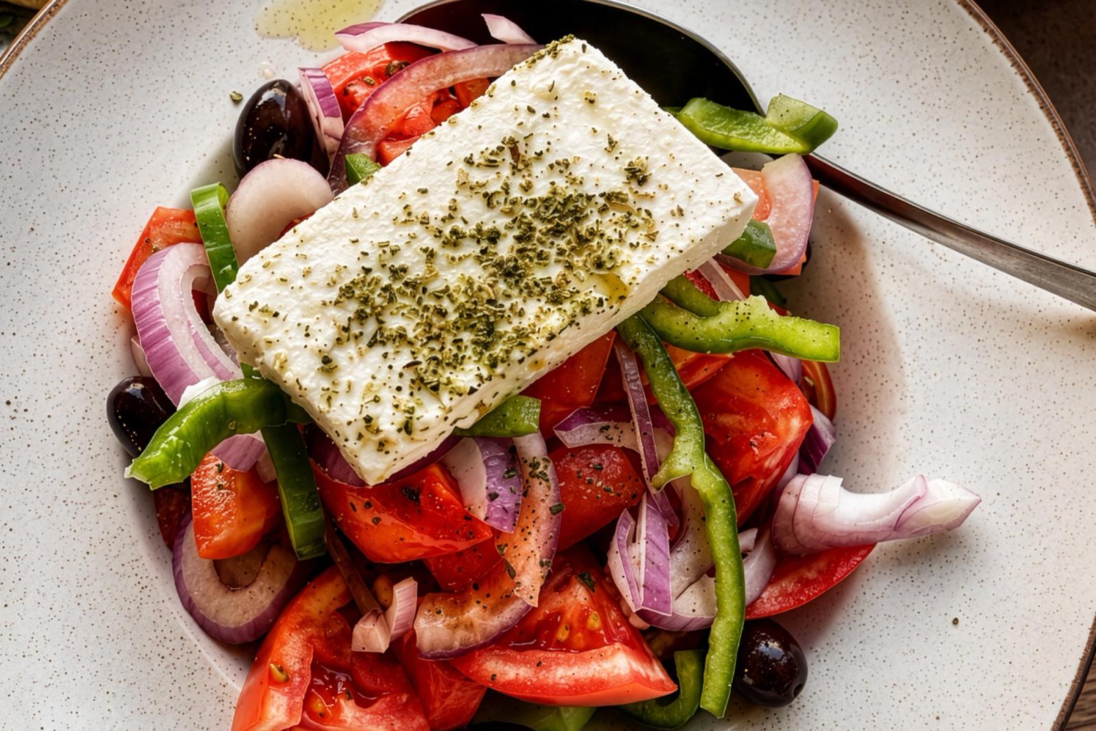 Greek salad with a slab of feta in Almyrida, Crete