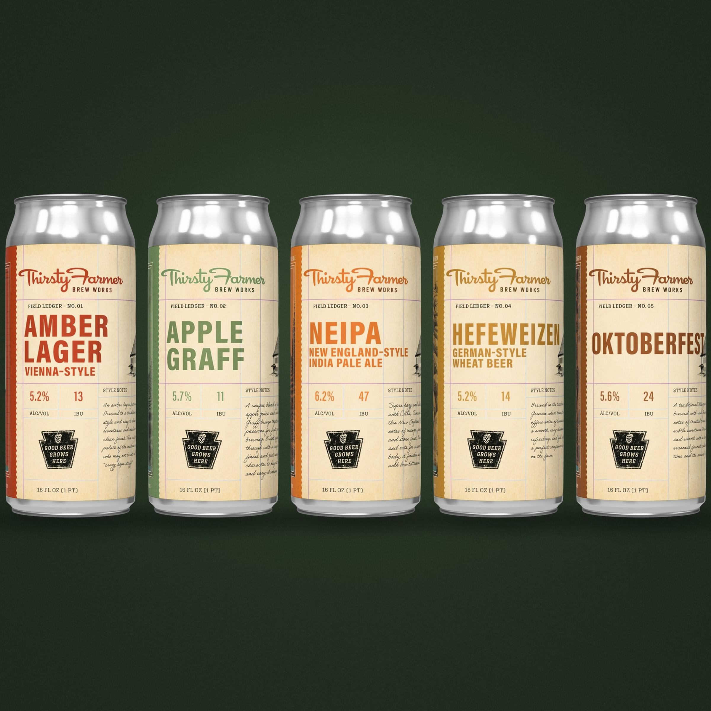 All five Thirsty Farmer cans in a row