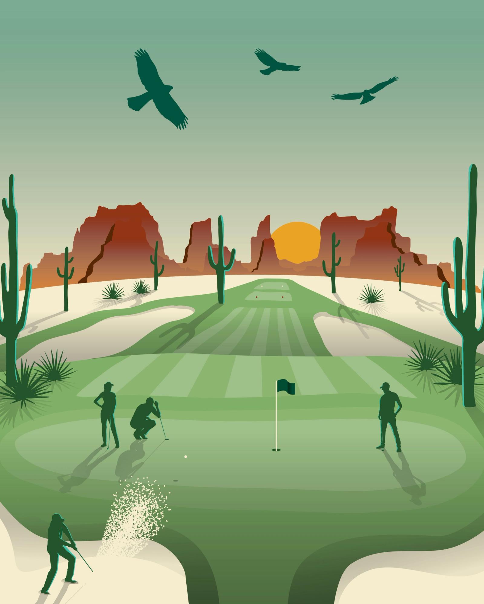 FORE Craft Cocktails illustration for Ranch Water: golfers on a desert course with cacti and red rock mesas
